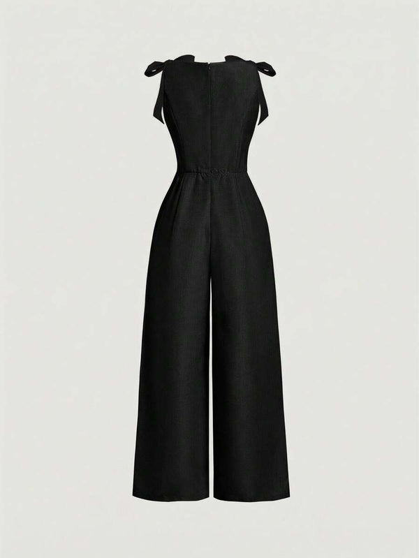 Jumpsuit Negro Elegante Con Lazos En Los Hombros