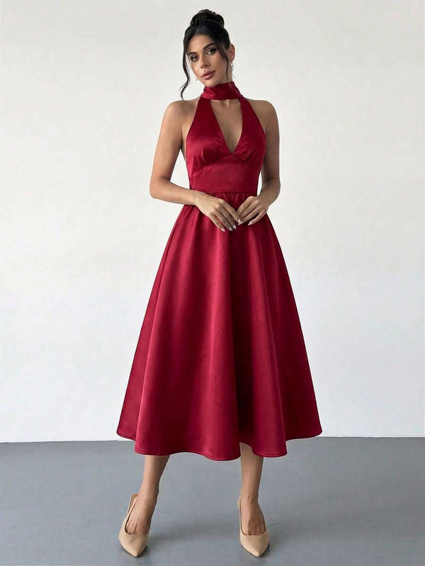 Vestido de Fiesta Rojo Satinado con Cuello Halter
