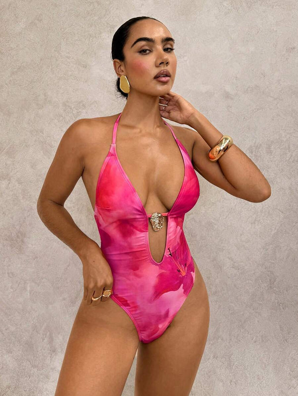 Traje De Baño Entero Floral Fucsia Con Detalle Dorado