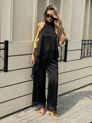 Conjunto Elegante de Pantalón y Top Halter con Encaje