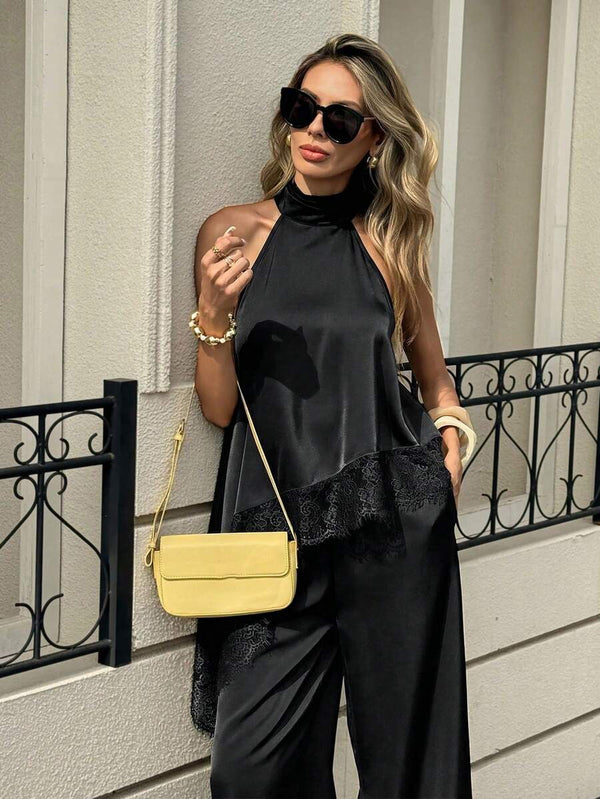 Conjunto Elegante de Pantalón y Top Halter con Encaje