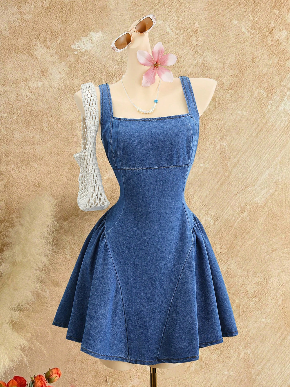 Vestido Pichi Azul De Mezclilla Mini Con Tirantes Y Espalda Al Aire vista frontal
