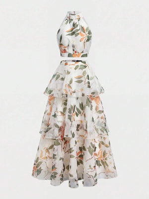 Conjunto Floral Halter Con Falda Larga De Volantes