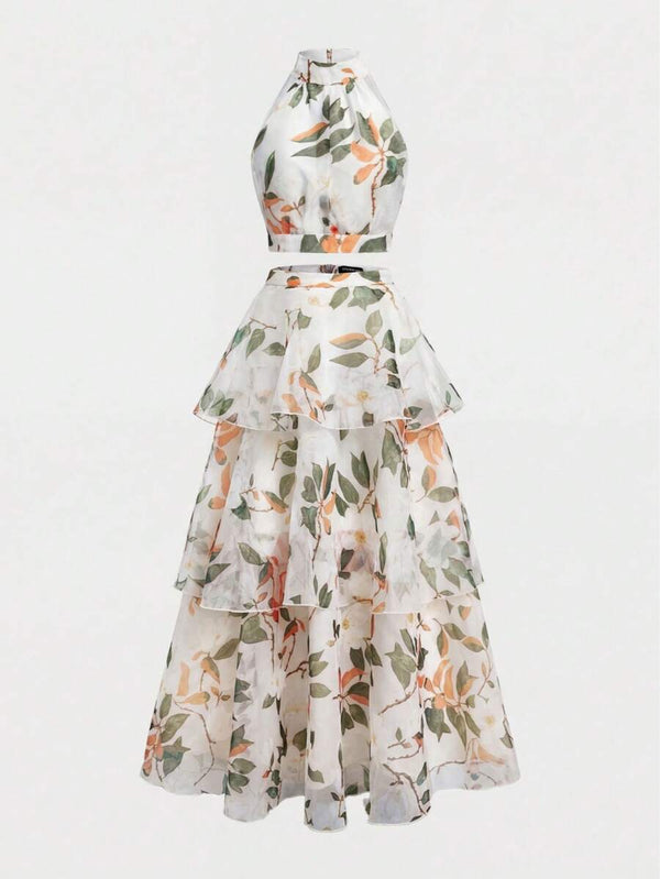 Conjunto Floral Halter Con Falda Larga De Volantes