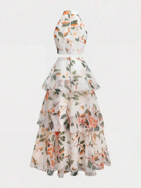Conjunto Floral Halter Con Falda Larga De Volantes