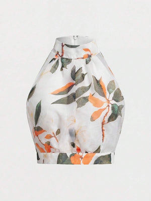 Conjunto Floral Halter Con Falda Larga De Volantes