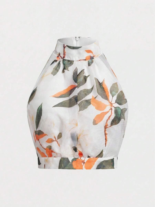 Conjunto Floral Halter Con Falda Larga De Volantes