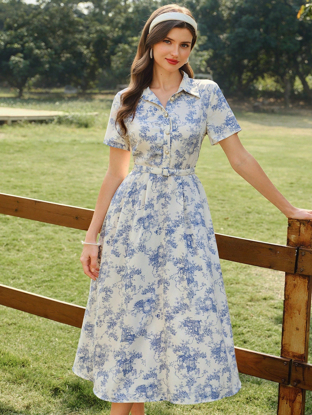 Vestido Midi Bohemio Azul Y Blanco con cinturón vista frontal
