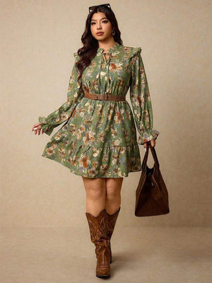 Vestido Floral Verde Con Volantes En Hombros