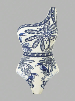 Conjunto De Baño Asimétrico Con Pareo Azul Marino