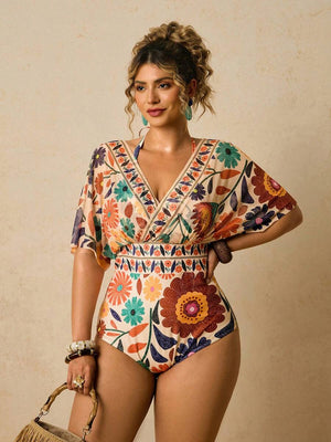 Traje De Baño Floral Bohemio Con Manga Ancha
