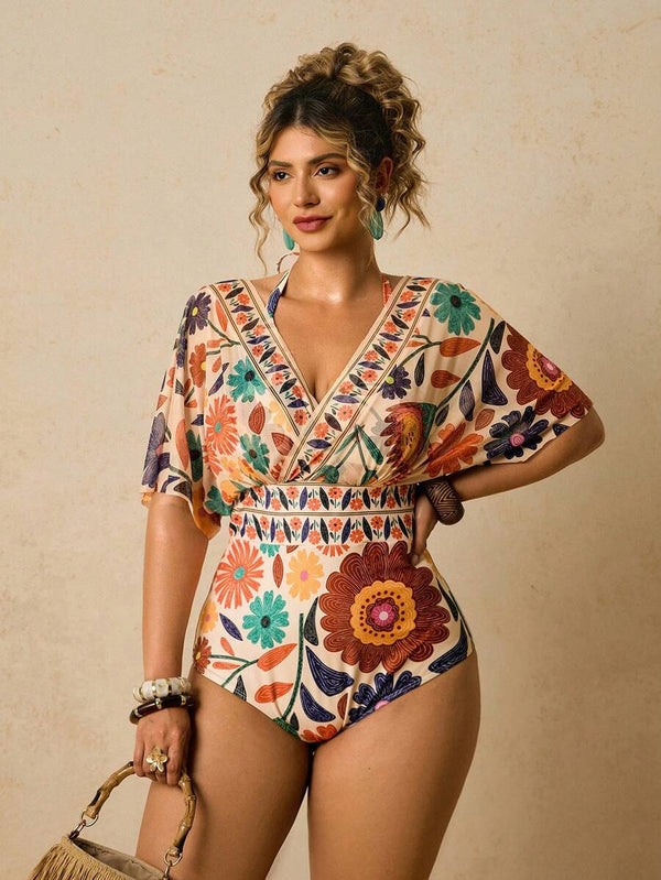 Traje De Baño Floral Bohemio Con Manga Ancha