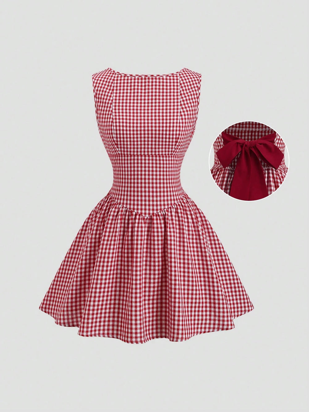 Imagen 1: Vista frontal del Vestido Corto A Cuadros rojo con falda campana.