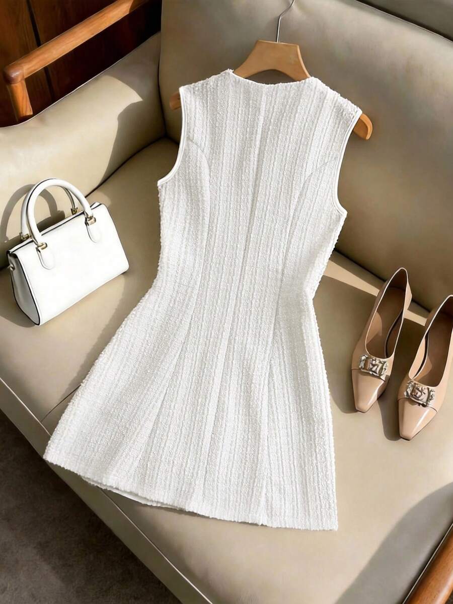 Vestido corto de tweed blanco sin mangas con botones dorados visto desde arriba sobre un sofá.