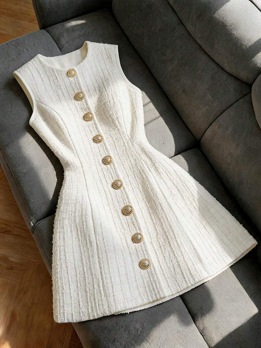 Vestido corto de tweed blanco sin mangas con botones dorados visto desde arriba sobre un sofá.