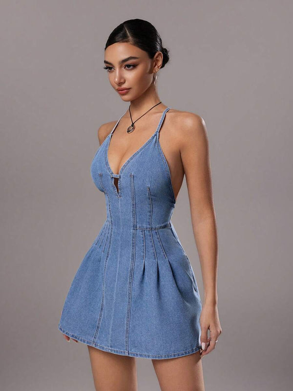 Vestido De Mezclilla Con Espalda Descubierta Y Lazo Ajustable