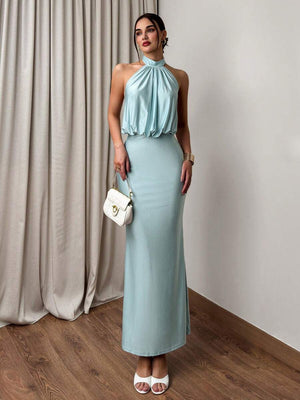 Vestido Maxi Halter Azul Claro Elegante