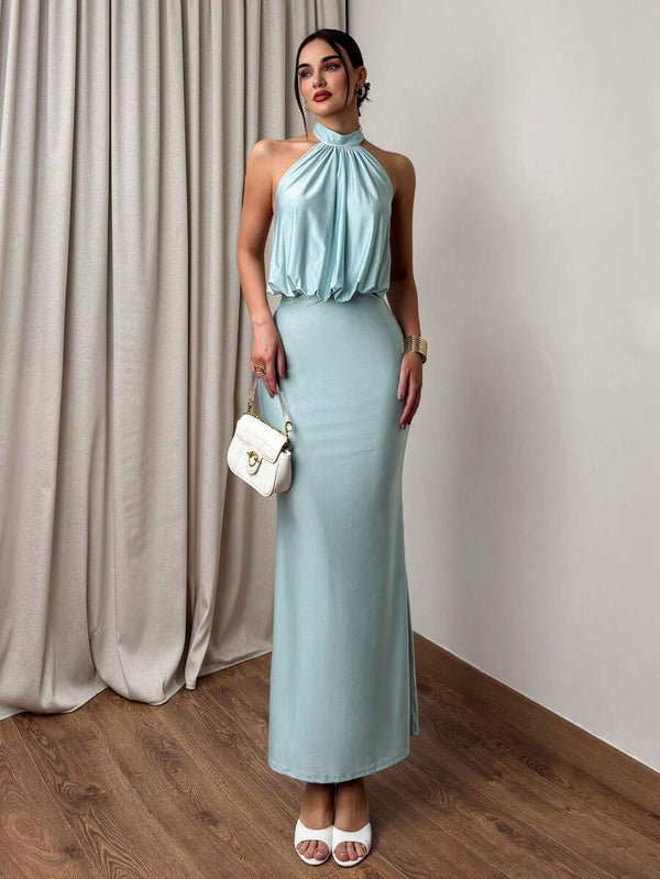 Vestido Maxi Halter Azul Claro Elegante