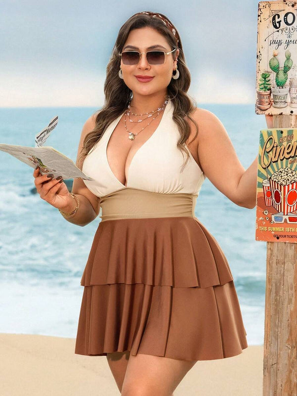 Traje de Baño Tipo Vestido con Escote Halter y Volantes