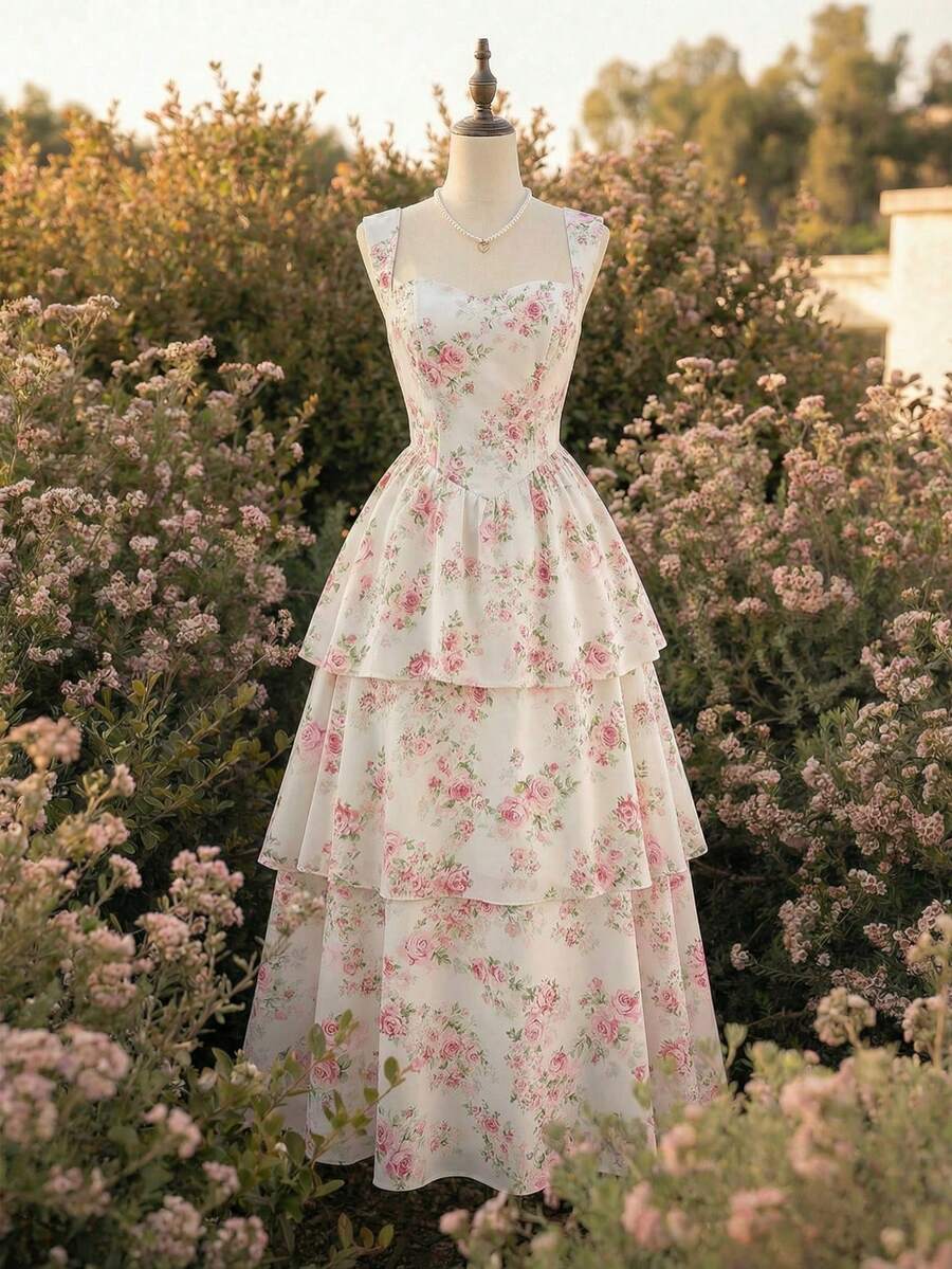 Mujer posando en un jardín con un vestido floral blanco y rosa de escote corazón y falda midi con volantes.