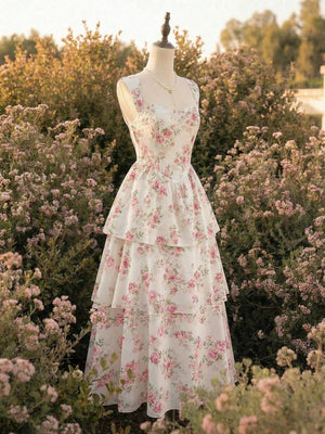 Detalle de la falda midi con volantes en capas de un vestido con estampado de rosas.