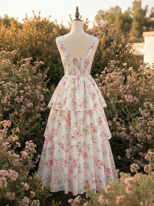 Vestido Floral Romántico Con Volantes En Capas