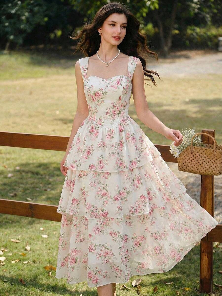 Mujer posando en un jardín con un vestido floral blanco y rosa de escote corazón y falda midi con volantes.