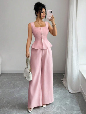 Conjunto Elegante De Pantalón Y Top Peplum Rosa