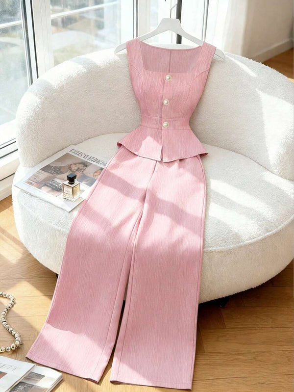 Conjunto Elegante De Pantalón Y Top Peplum Rosa
