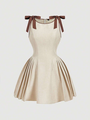Vestido Mini Beige Con Lazos En Los Hombros