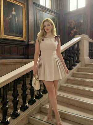 Vestido Mini Beige Con Lazos En Los Hombros