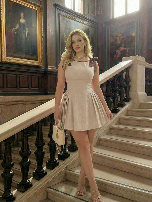 Vestido Mini Beige Con Lazos En Los Hombros