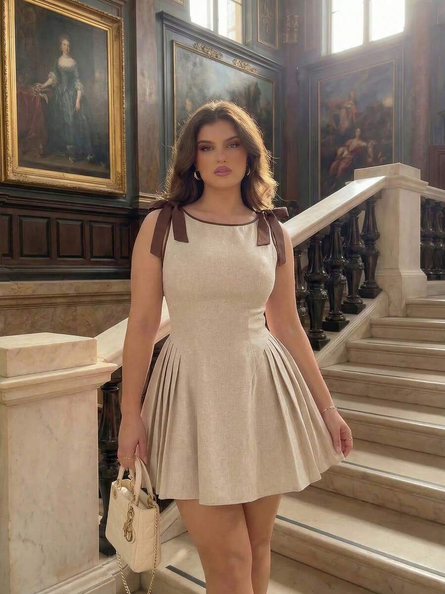 Mujer modelando un vestido mini color beige con lazos marrones en los hombros en una escalera de mármol.