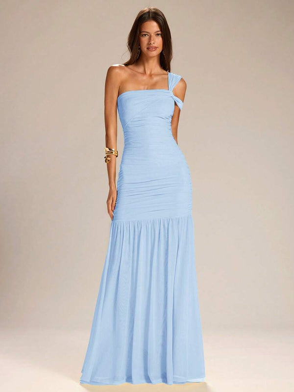 Vestido Largo de Fiesta Asimétrico Celeste