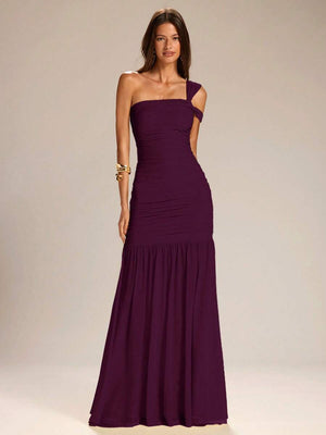 Vestido Largo Asimétrico Fruncido Morado Para Fiesta