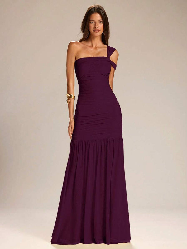 Vestido Largo Asimétrico Fruncido Morado Para Fiesta