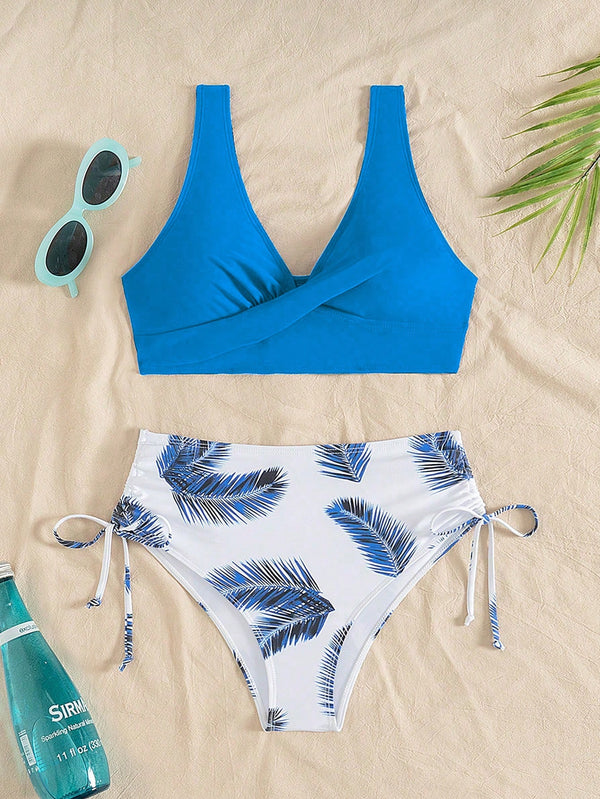 Bikini Tropical Azul De Talle Alto Con Cordón conjunto completo
