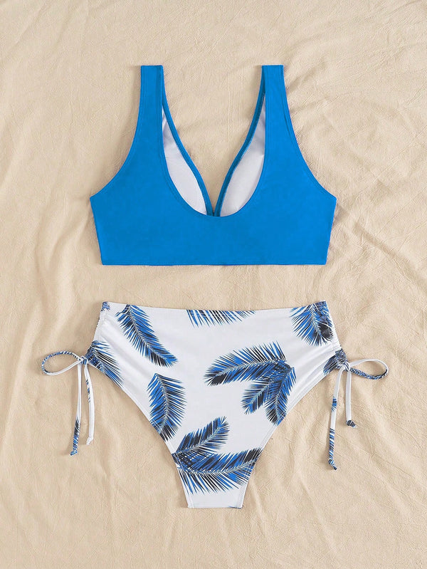 Bikini Tropical Azul De Talle Alto Con Cordón detalle estampado