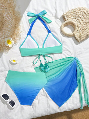 Bikini Multicolor Degradado Halter De 3 Piezas con top halter anudado.
