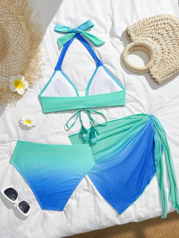 Bikini Multicolor Degradado Halter De 3 Piezas con top halter anudado.
