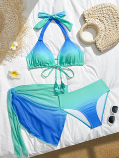 Bikini Multicolor Degradado Halter De 3 Piezas vista completa del conjunto.
