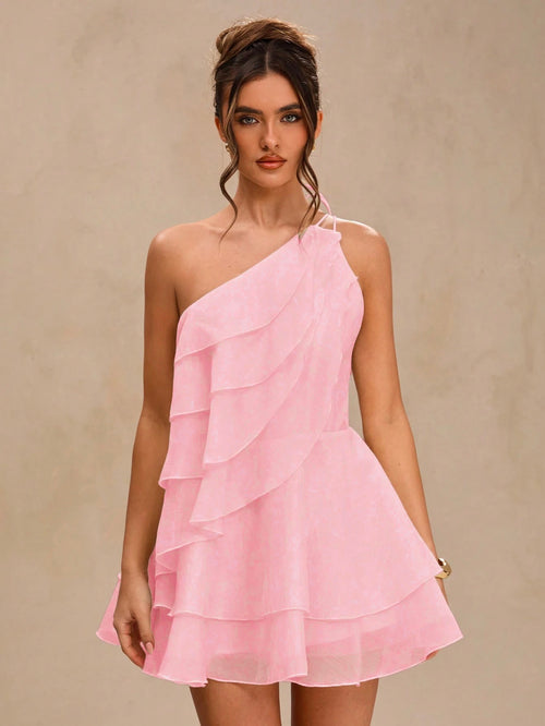 Vestido Corto de Un Hombro Con Volantes