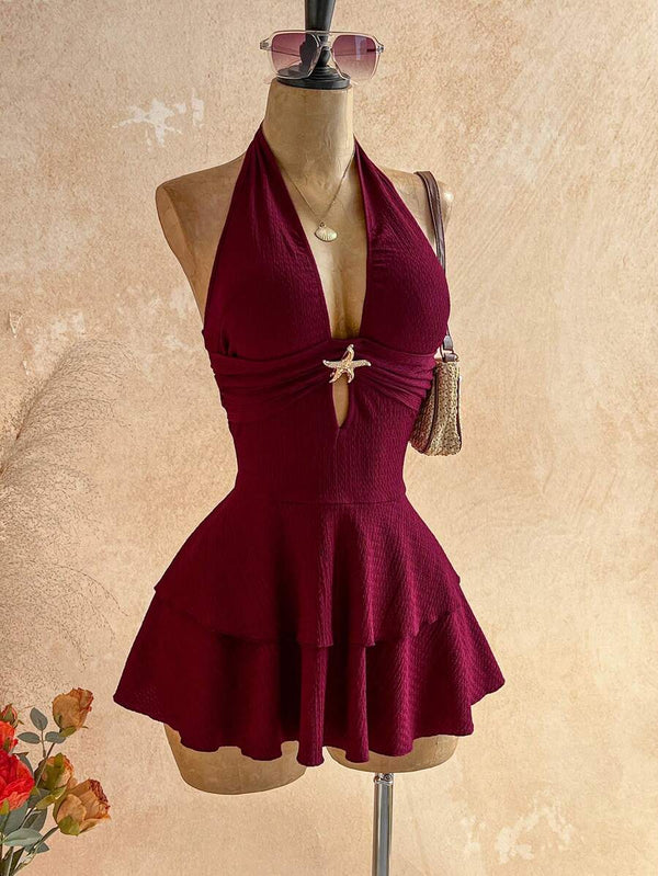 Vestido Corto Halter Color Vino Con Detalle Marino