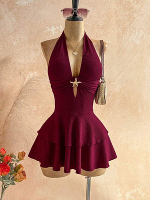 Vestido Corto Halter Color Vino Con Detalle Marino