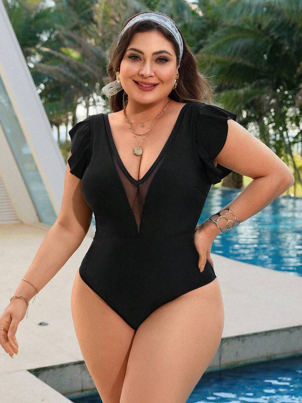 Traje De Baño Negro Elegante Con Escote V y Volantes