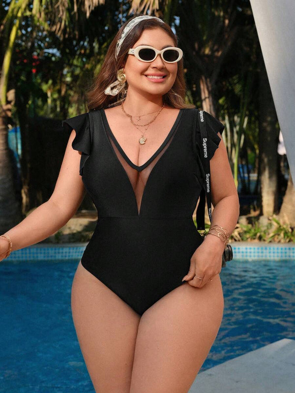 Traje De Baño Negro Elegante Con Escote V y Volantes