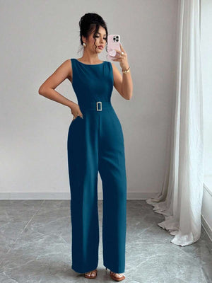 Jumpsuit Elegante De Pierna Ancha Con Cinturón Azul Petróleo