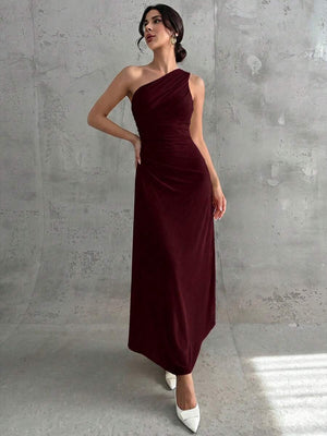 Vestido De Fiesta Asimétrico Drapeado Color Vino