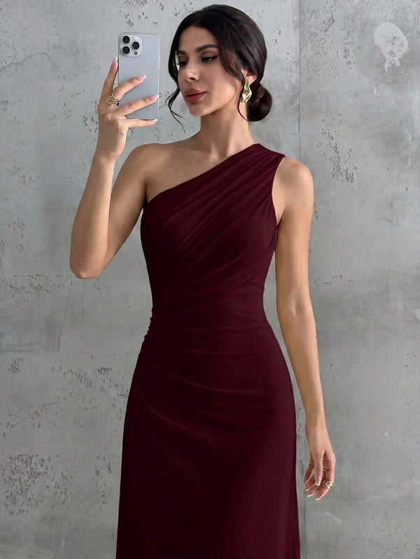 Vestido De Fiesta Asimétrico Drapeado Color Vino