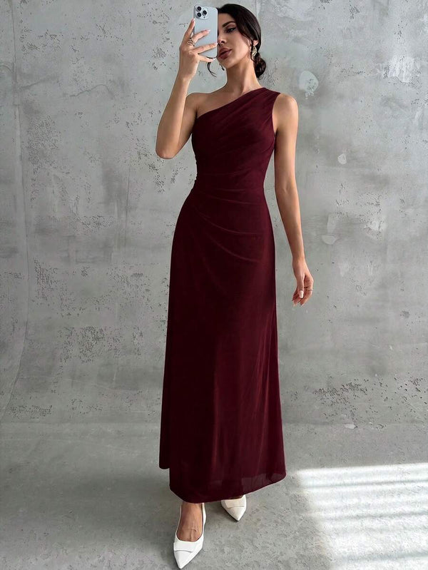 Vestido De Fiesta Asimétrico Drapeado Color Vino